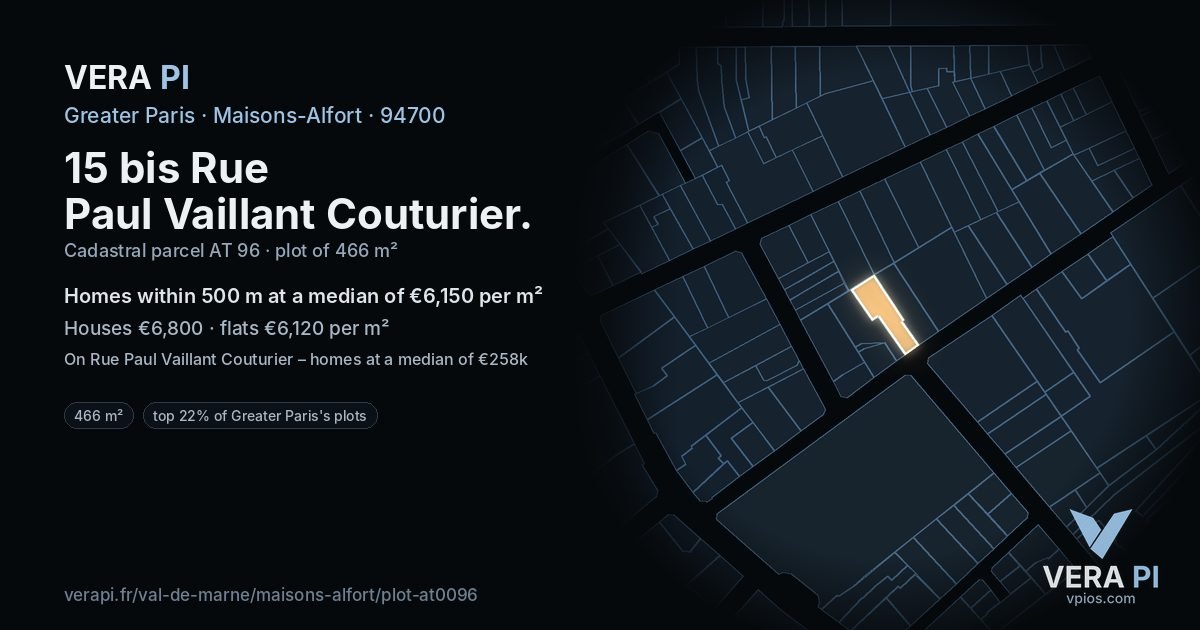 15 bis Rue Paul Vaillant Couturier, Maisons-Alfort at night – the plot lit, the parcels around coloured by the prices near them