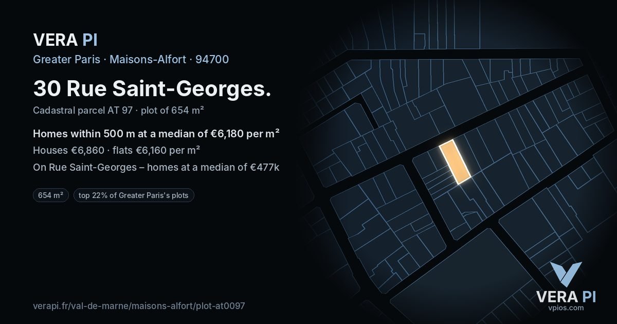 30 Rue Saint-Georges, Maisons-Alfort at night – the plot lit, the parcels around coloured by the prices near them
