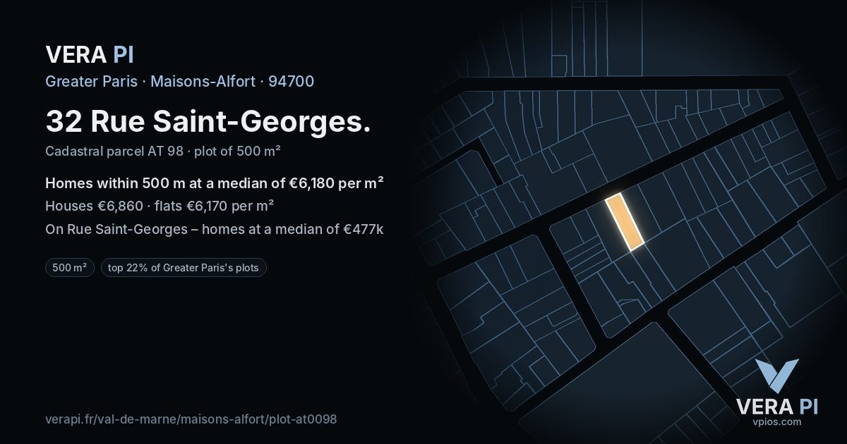 32 Rue Saint-Georges, Maisons-Alfort at night – the plot lit, the parcels around coloured by the prices near them