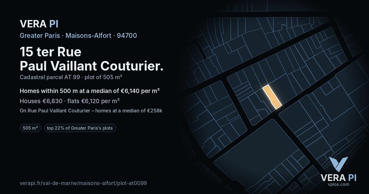 15 ter Rue Paul Vaillant Couturier, Maisons-Alfort at night – the plot lit, the parcels around coloured by the prices near them