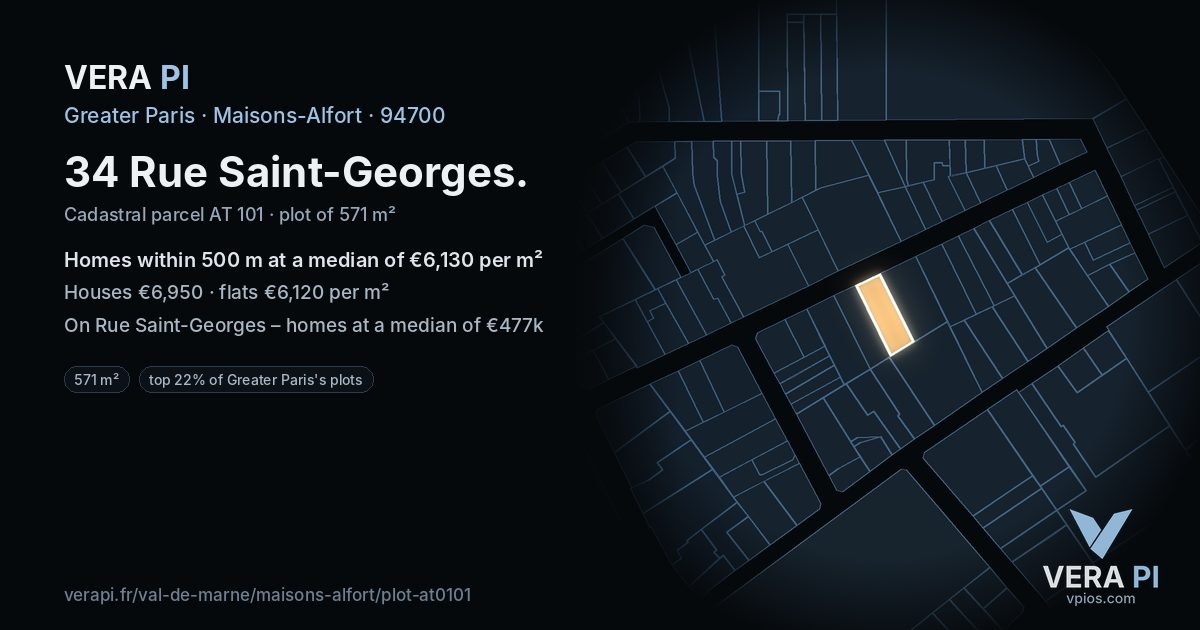 34 Rue Saint-Georges, Maisons-Alfort at night – the plot lit, the parcels around coloured by the prices near them