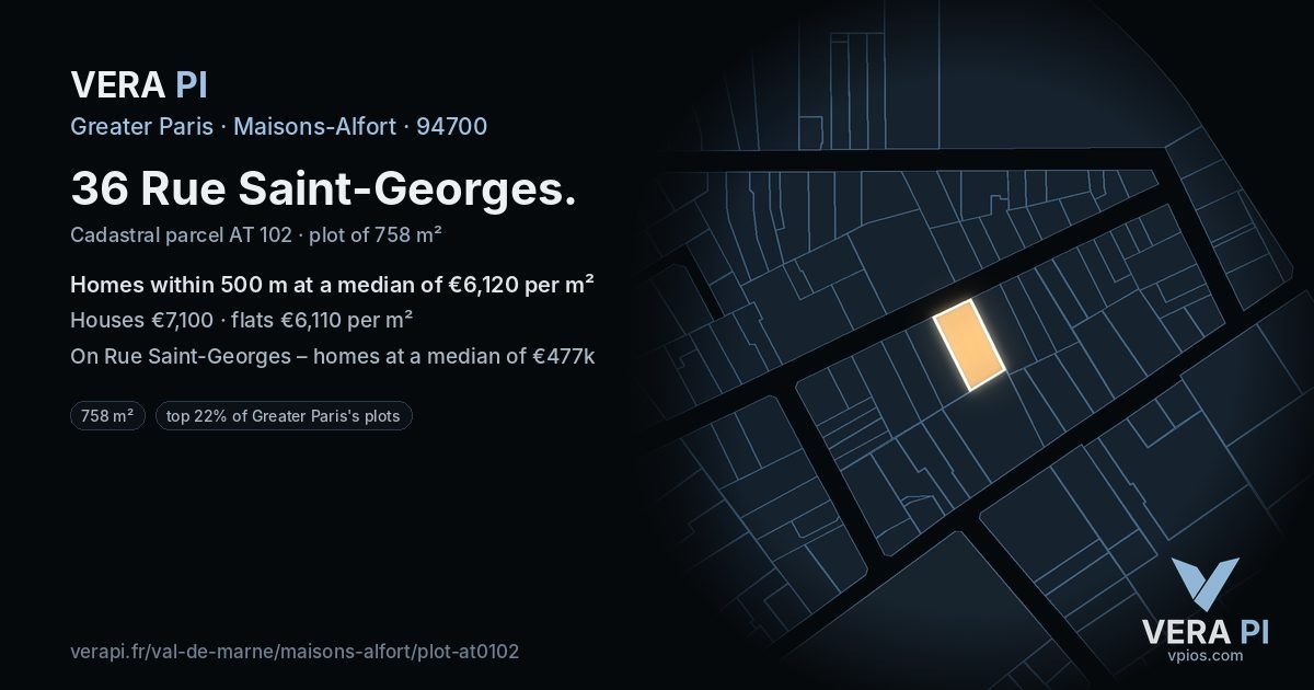 36 Rue Saint-Georges, Maisons-Alfort at night – the plot lit, the parcels around coloured by the prices near them
