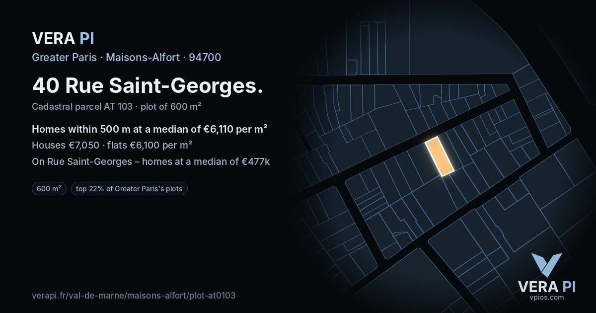 40 Rue Saint-Georges, Maisons-Alfort at night – the plot lit, the parcels around coloured by the prices near them