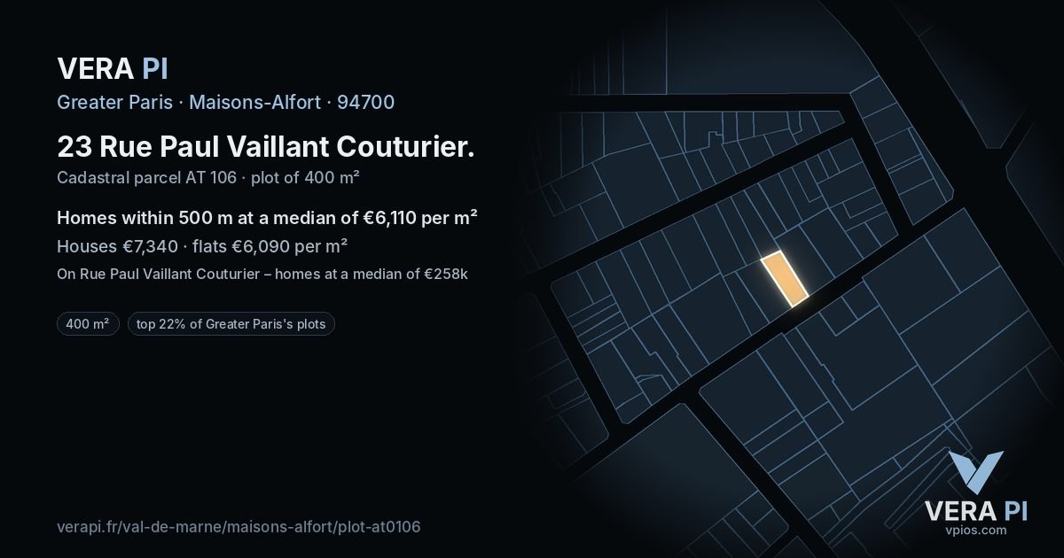 23 Rue Paul Vaillant Couturier, Maisons-Alfort at night – the plot lit, the parcels around coloured by the prices near them