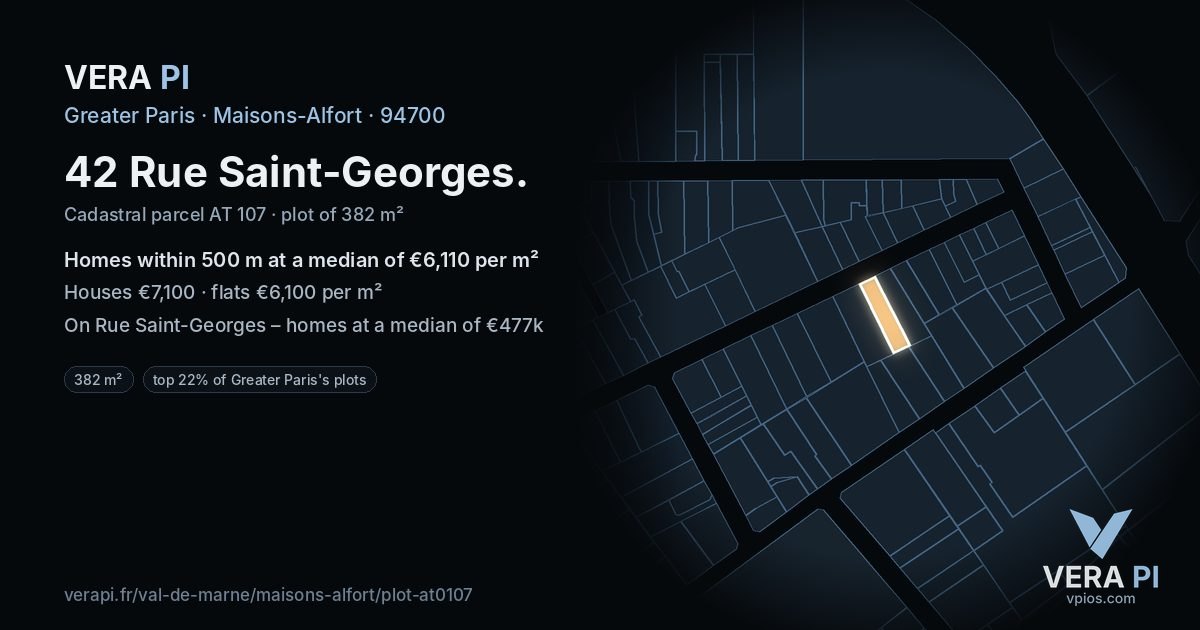 42 Rue Saint-Georges, Maisons-Alfort at night – the plot lit, the parcels around coloured by the prices near them