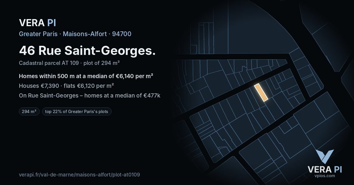 46 Rue Saint-Georges, Maisons-Alfort at night – the plot lit, the parcels around coloured by the prices near them