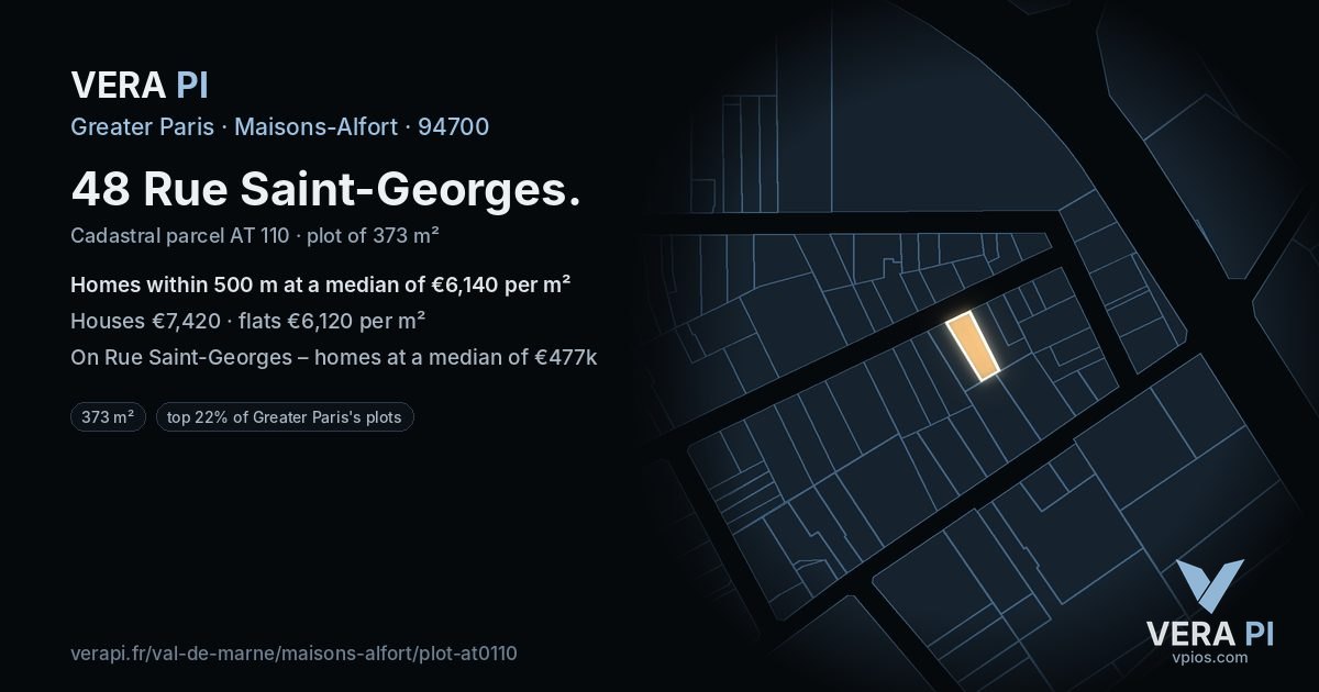 48 Rue Saint-Georges, Maisons-Alfort at night – the plot lit, the parcels around coloured by the prices near them