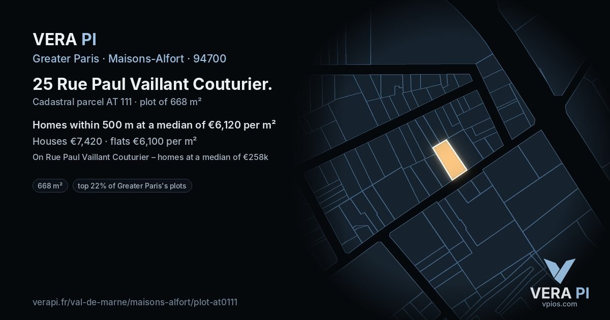 25 Rue Paul Vaillant Couturier, Maisons-Alfort at night – the plot lit, the parcels around coloured by the prices near them
