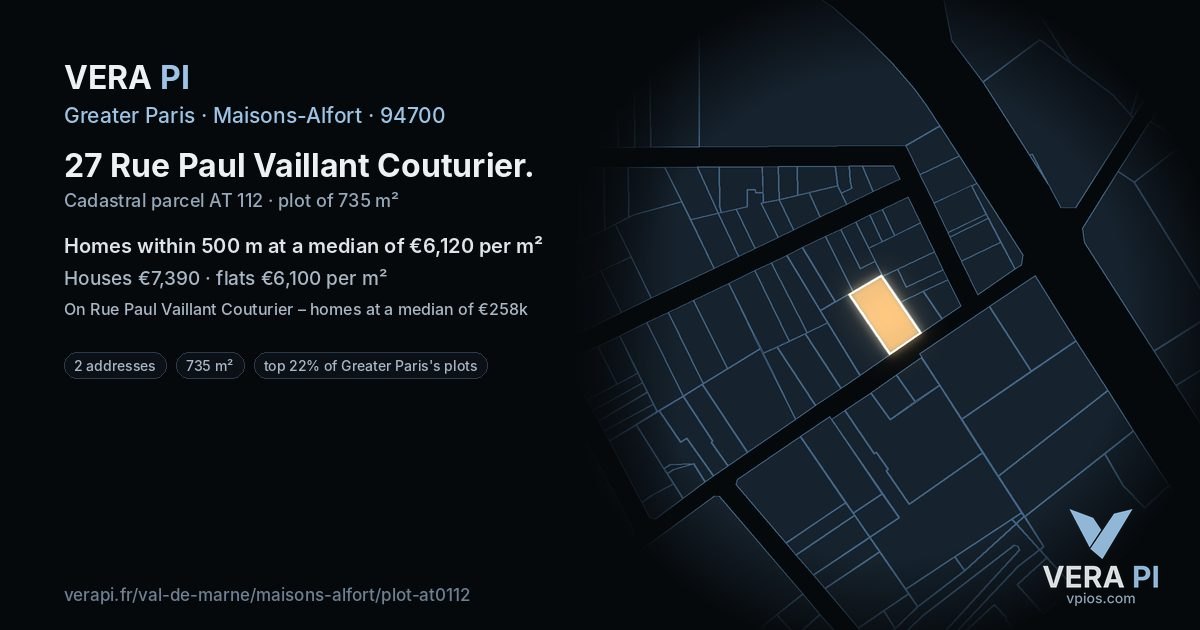 27 Rue Paul Vaillant Couturier, Maisons-Alfort at night – the plot lit, the parcels around coloured by the prices near them