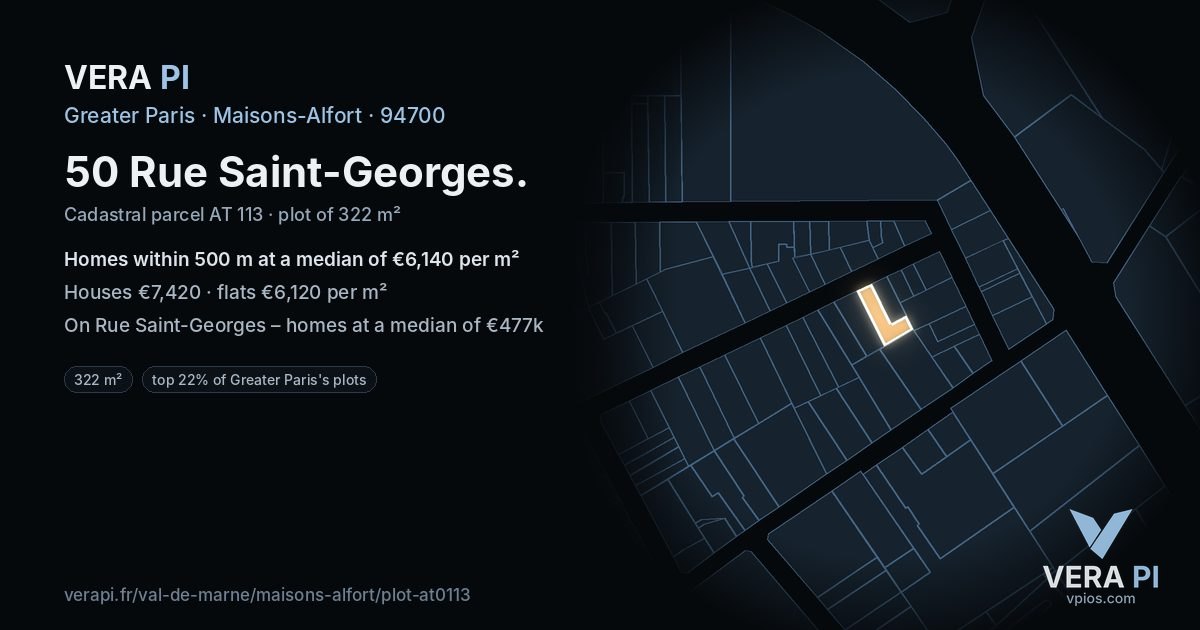 50 Rue Saint-Georges, Maisons-Alfort at night – the plot lit, the parcels around coloured by the prices near them