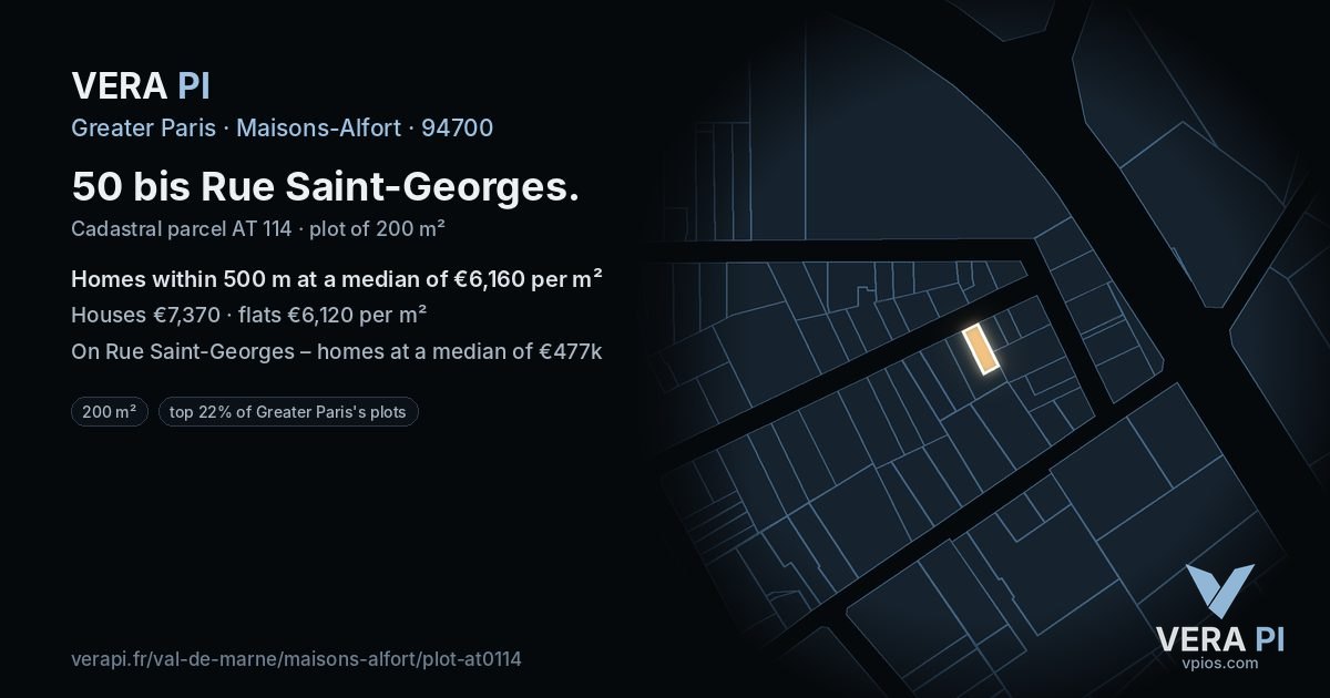 50 bis Rue Saint-Georges, Maisons-Alfort at night – the plot lit, the parcels around coloured by the prices near them