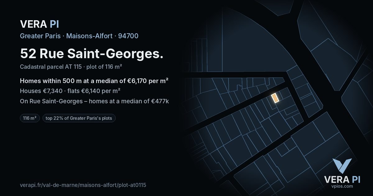 52 Rue Saint-Georges, Maisons-Alfort at night – the plot lit, the parcels around coloured by the prices near them