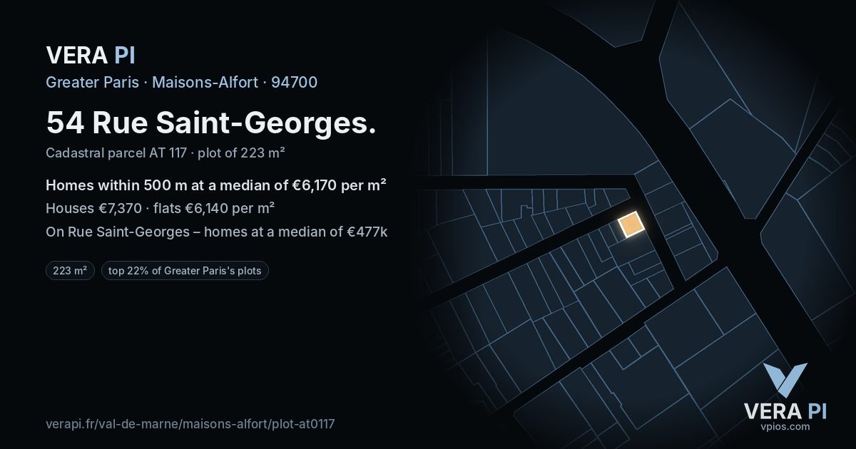 54 Rue Saint-Georges, Maisons-Alfort at night – the plot lit, the parcels around coloured by the prices near them