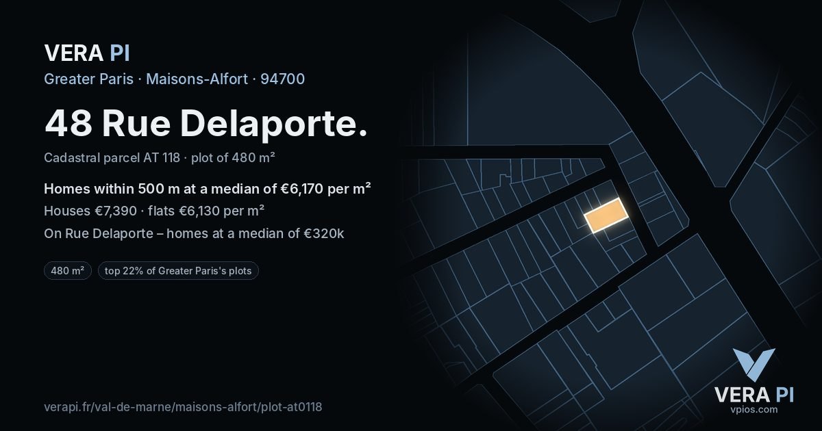 48 Rue Delaporte, Maisons-Alfort at night – the plot lit, the parcels around coloured by the prices near them