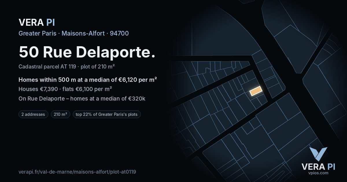 50 Rue Delaporte, Maisons-Alfort at night – the plot lit, the parcels around coloured by the prices near them