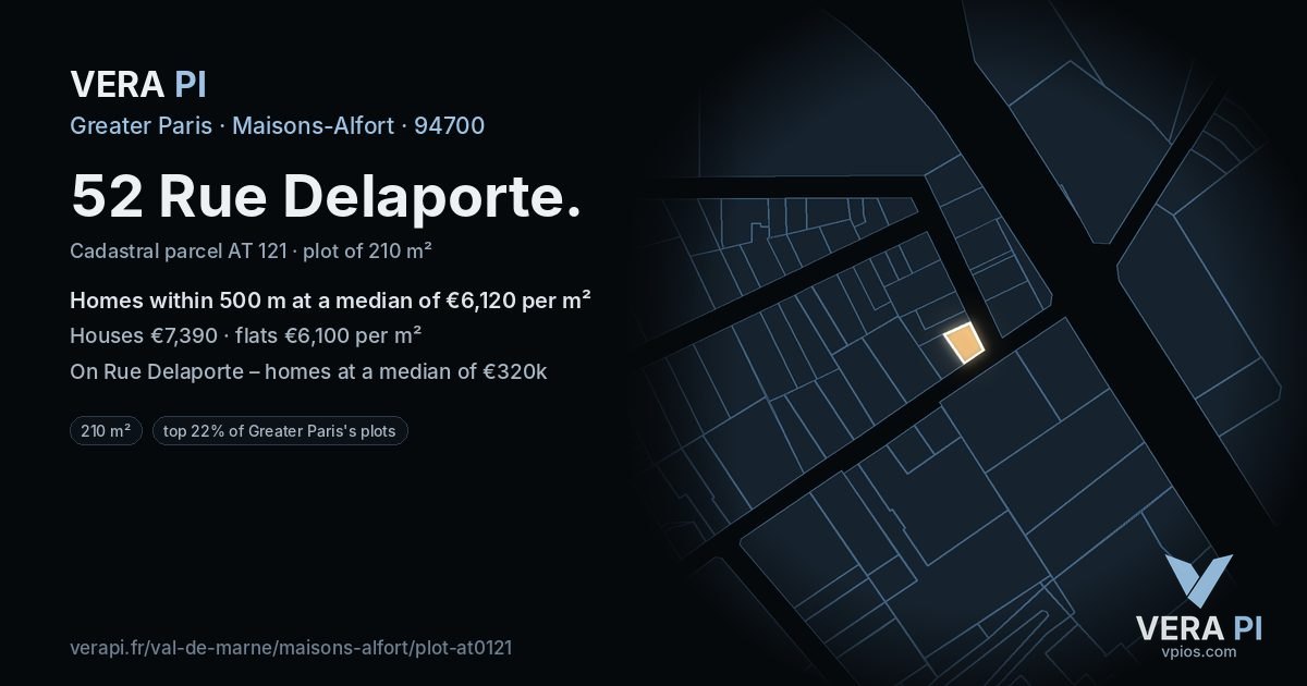 52 Rue Delaporte, Maisons-Alfort at night – the plot lit, the parcels around coloured by the prices near them