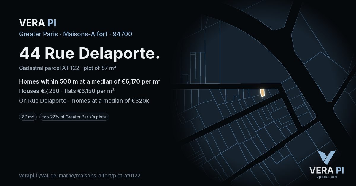 44 Rue Delaporte, Maisons-Alfort at night – the plot lit, the parcels around coloured by the prices near them