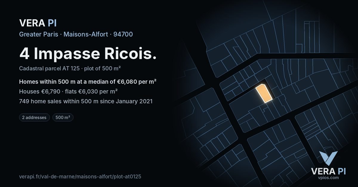 4 Impasse Ricois, Maisons-Alfort at night – the plot lit, the parcels around coloured by the prices near them