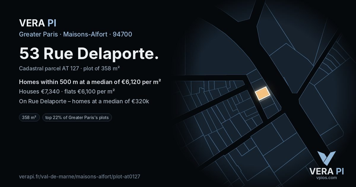 53 Rue Delaporte, Maisons-Alfort at night – the plot lit, the parcels around coloured by the prices near them