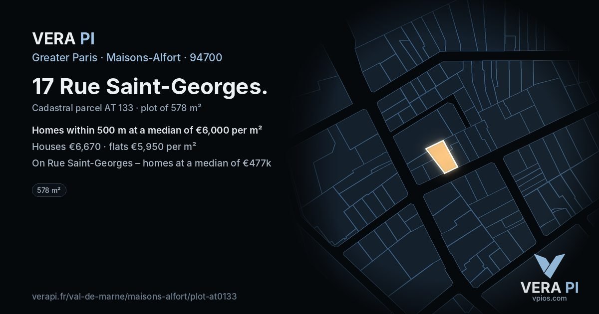 17 Rue Saint-Georges, Maisons-Alfort at night – the plot lit, the parcels around coloured by the prices near them