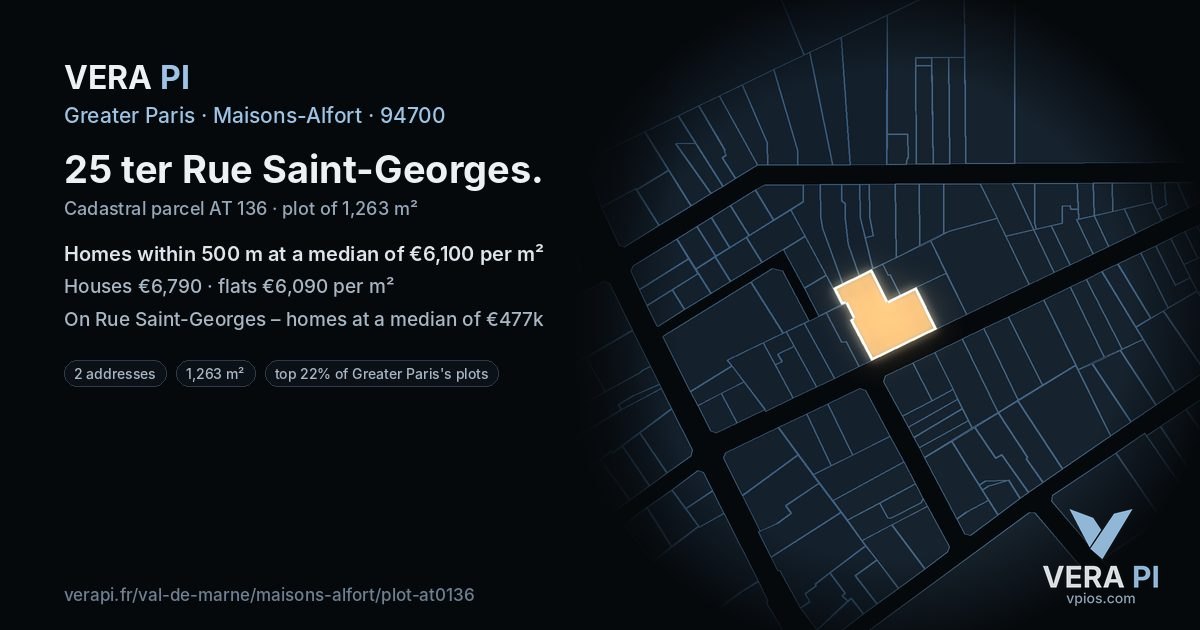 25 ter Rue Saint-Georges, Maisons-Alfort at night – the plot lit, the parcels around coloured by the prices near them
