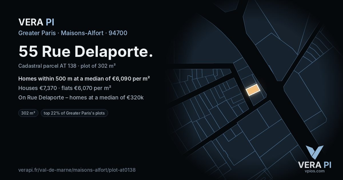 55 Rue Delaporte, Maisons-Alfort at night – the plot lit, the parcels around coloured by the prices near them