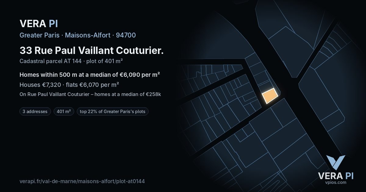 33 Rue Paul Vaillant Couturier, Maisons-Alfort at night – the plot lit, the parcels around coloured by the prices near them