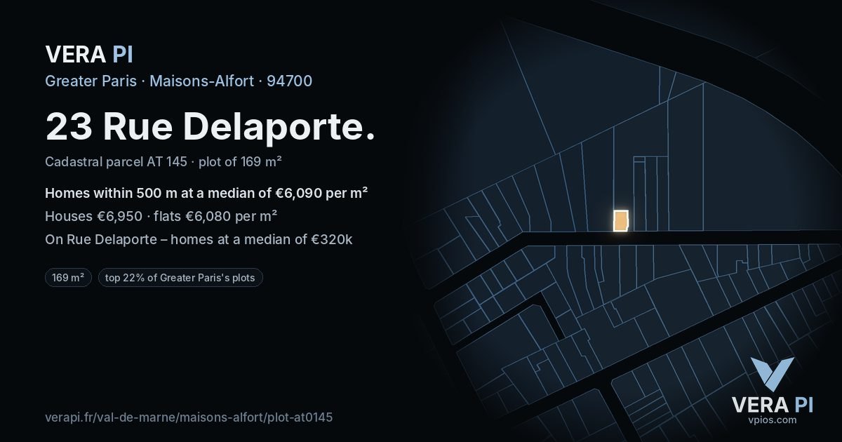 23 Rue Delaporte, Maisons-Alfort at night – the plot lit, the parcels around coloured by the prices near them