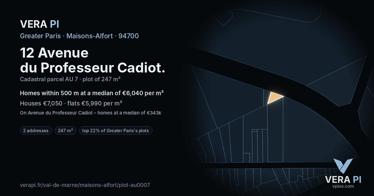 12 Avenue du Professeur Cadiot, Maisons-Alfort at night – the plot lit, the parcels around coloured by the prices near them