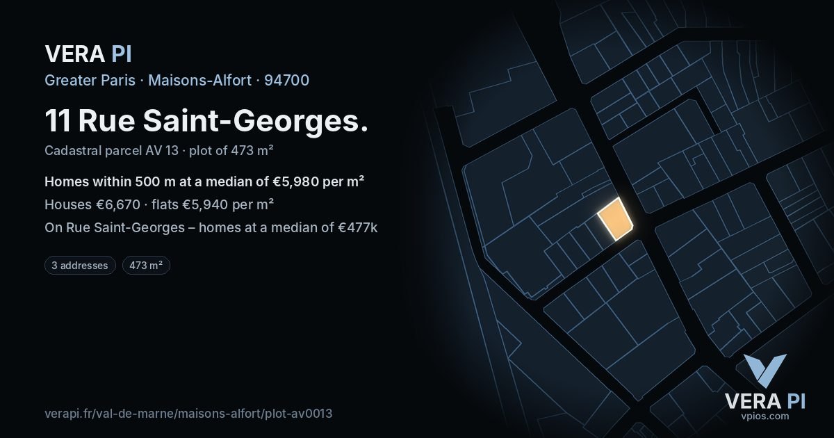 11 Rue Saint-Georges, Maisons-Alfort at night – the plot lit, the parcels around coloured by the prices near them