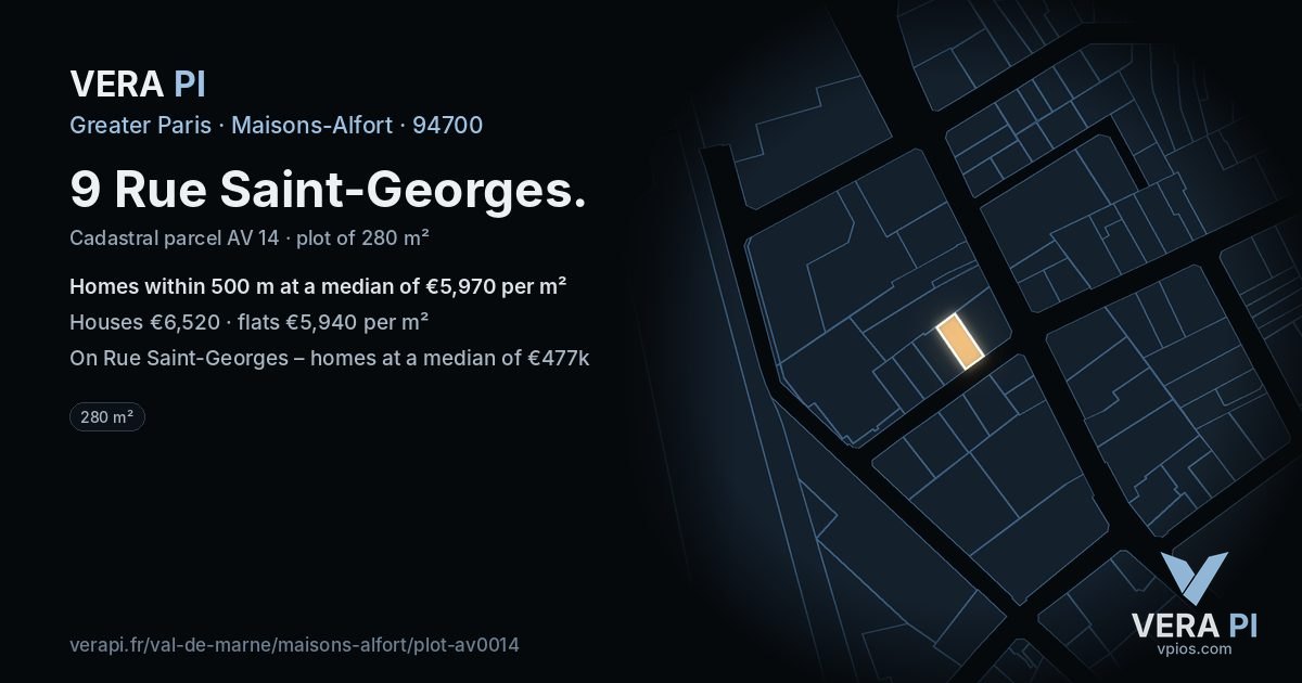 9 Rue Saint-Georges, Maisons-Alfort at night – the plot lit, the parcels around coloured by the prices near them