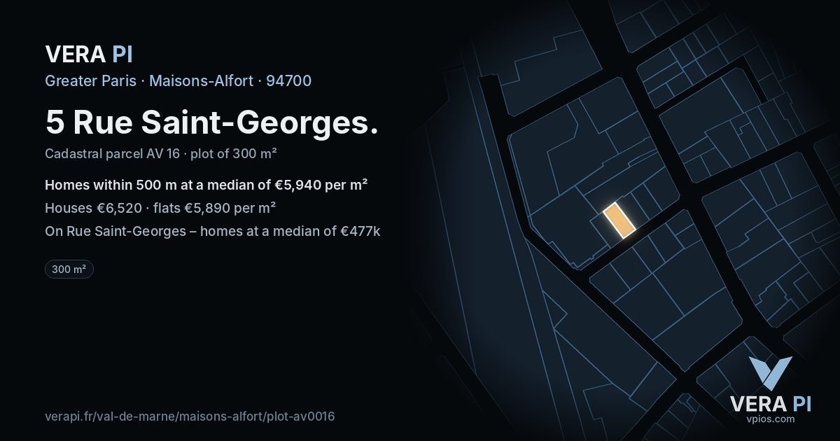 5 Rue Saint-Georges, Maisons-Alfort at night – the plot lit, the parcels around coloured by the prices near them