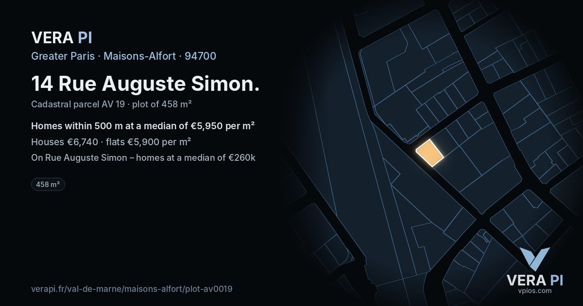 14 Rue Auguste Simon, Maisons-Alfort at night – the plot lit, the parcels around coloured by the prices near them