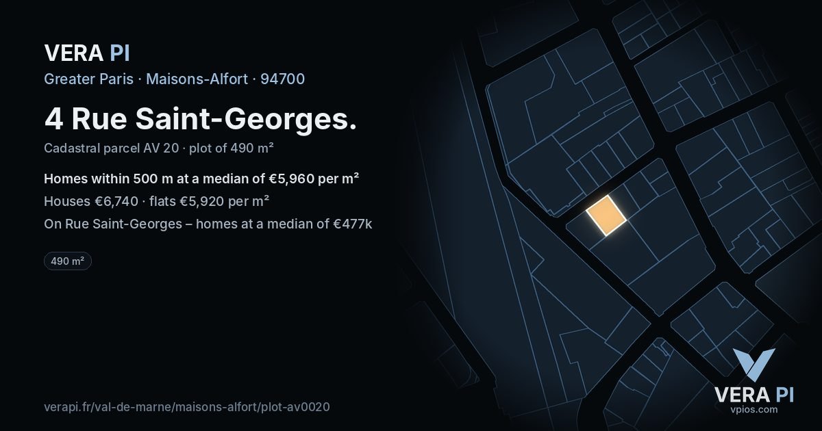 4 Rue Saint-Georges, Maisons-Alfort at night – the plot lit, the parcels around coloured by the prices near them