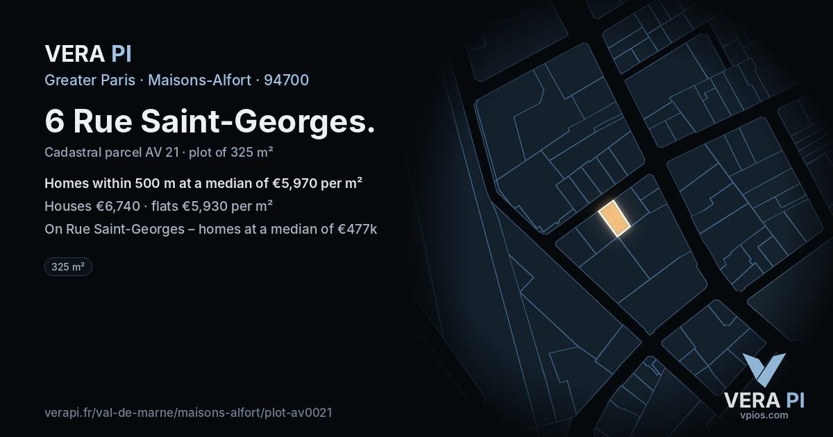 6 Rue Saint-Georges, Maisons-Alfort at night – the plot lit, the parcels around coloured by the prices near them