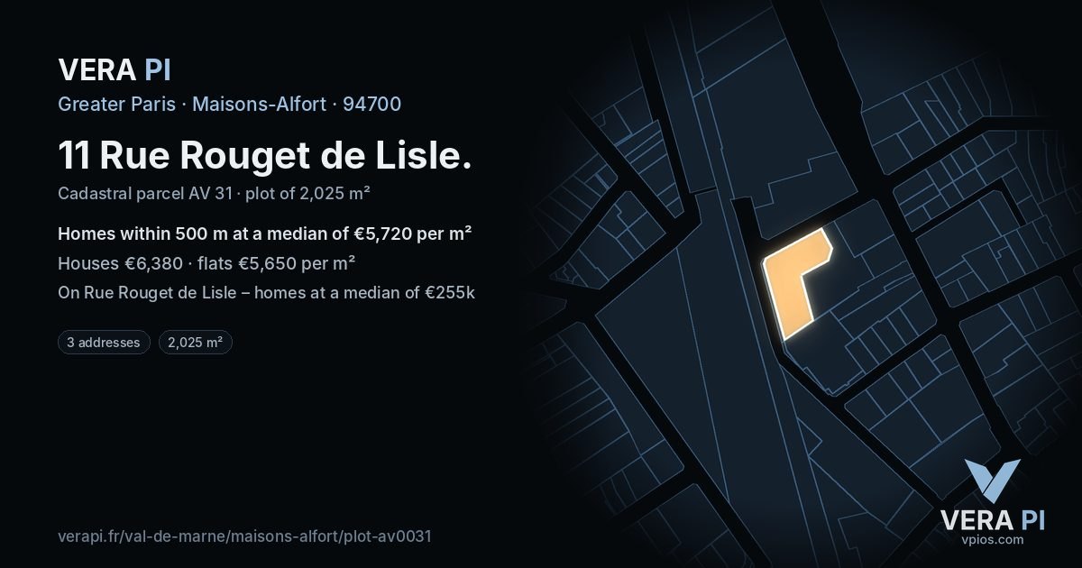 11 Rue Rouget de Lisle, Maisons-Alfort at night – the plot lit, the parcels around coloured by the prices near them