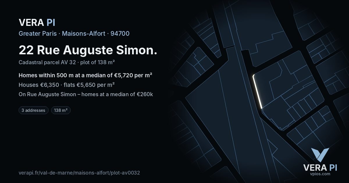 22 Rue Auguste Simon, Maisons-Alfort at night – the plot lit, the parcels around coloured by the prices near them