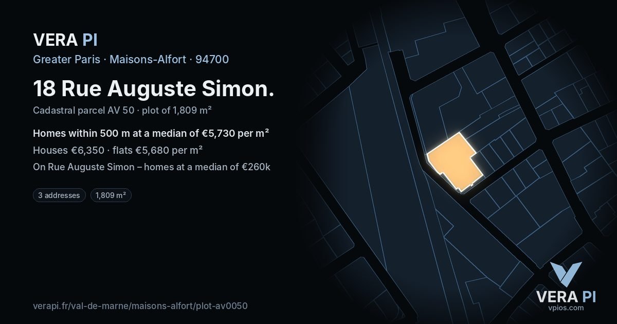 18 Rue Auguste Simon, Maisons-Alfort at night – the plot lit, the parcels around coloured by the prices near them