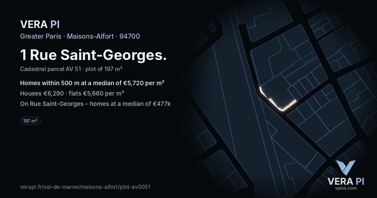 1 Rue Saint-Georges, Maisons-Alfort at night – the plot lit, the parcels around coloured by the prices near them