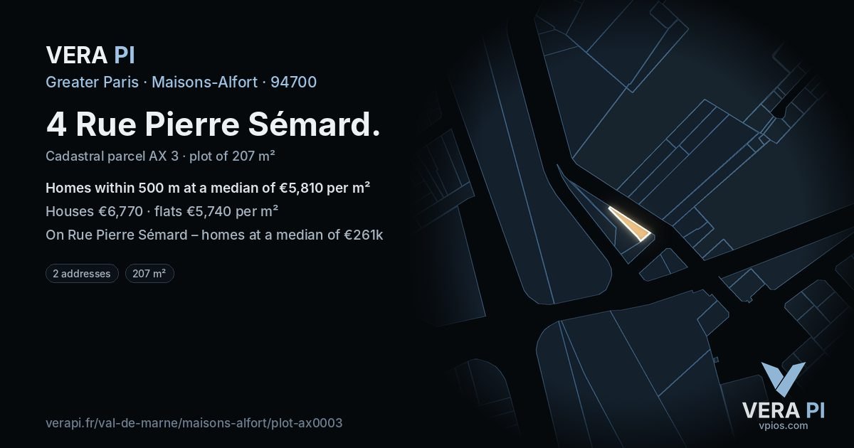 4 Rue Pierre Sémard, Maisons-Alfort at night – the plot lit, the parcels around coloured by the prices near them