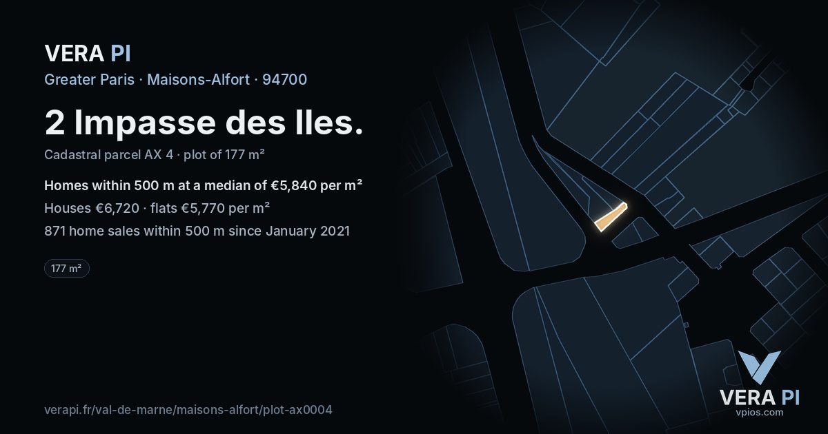 2 Impasse des Iles, Maisons-Alfort at night – the plot lit, the parcels around coloured by the prices near them