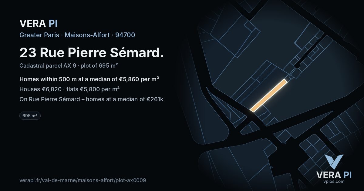 23 Rue Pierre Sémard, Maisons-Alfort at night – the plot lit, the parcels around coloured by the prices near them