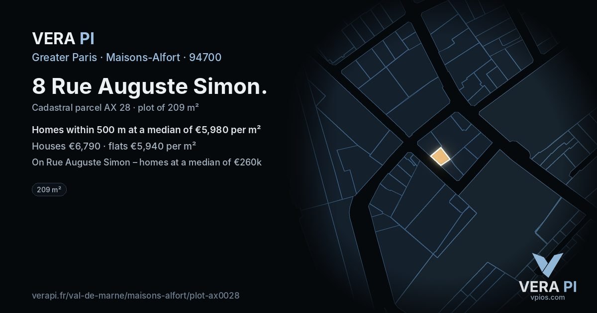 8 Rue Auguste Simon, Maisons-Alfort at night – the plot lit, the parcels around coloured by the prices near them