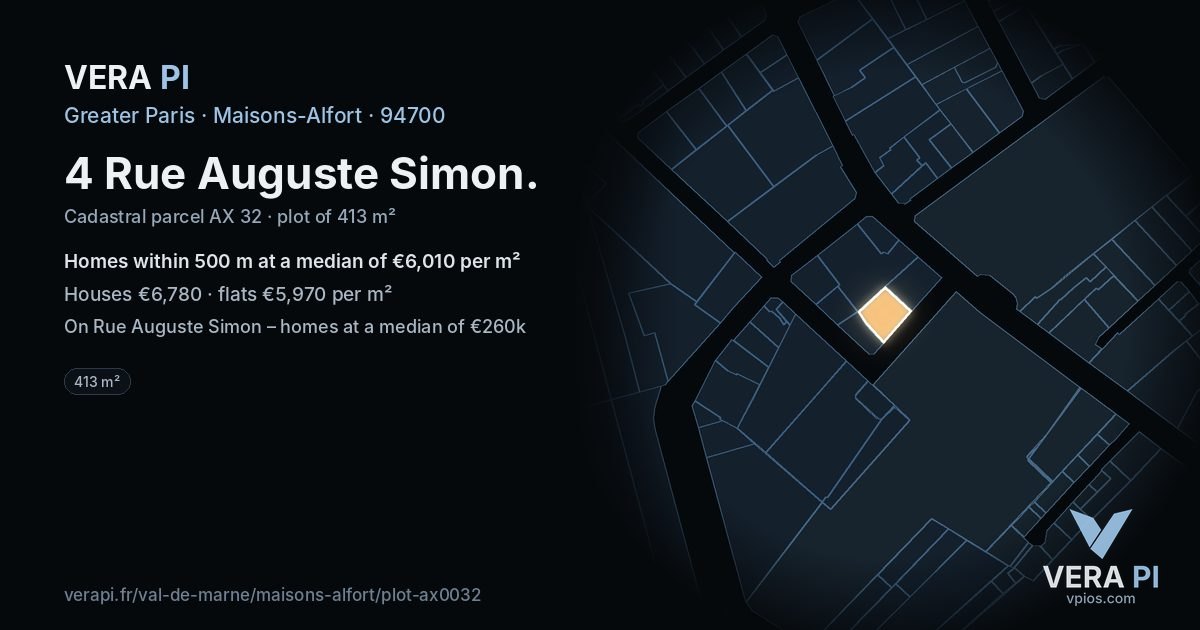 4 Rue Auguste Simon, Maisons-Alfort at night – the plot lit, the parcels around coloured by the prices near them