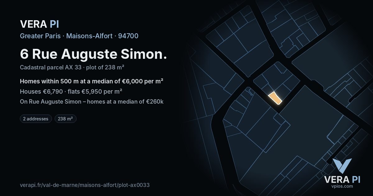 6 Rue Auguste Simon, Maisons-Alfort at night – the plot lit, the parcels around coloured by the prices near them