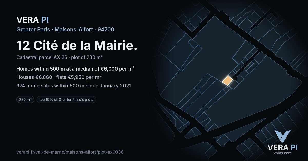 12 Cité de la Mairie, Maisons-Alfort at night – the plot lit, the parcels around coloured by the prices near them