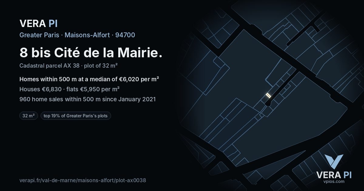 8 bis Cité de la Mairie, Maisons-Alfort at night – the plot lit, the parcels around coloured by the prices near them