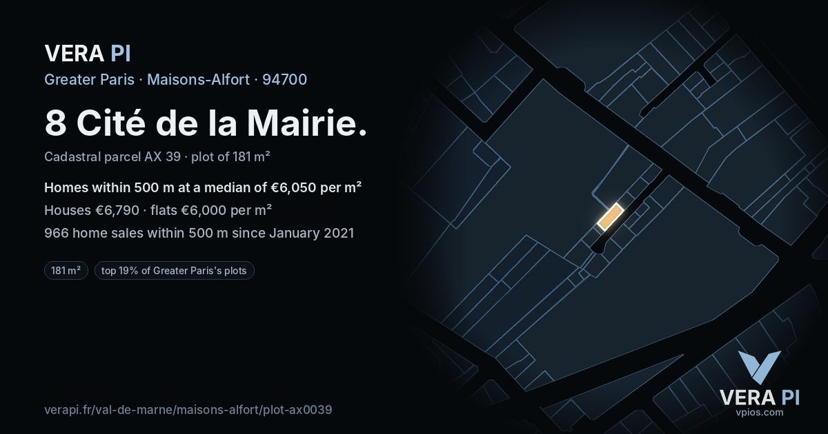 8 Cité de la Mairie, Maisons-Alfort at night – the plot lit, the parcels around coloured by the prices near them