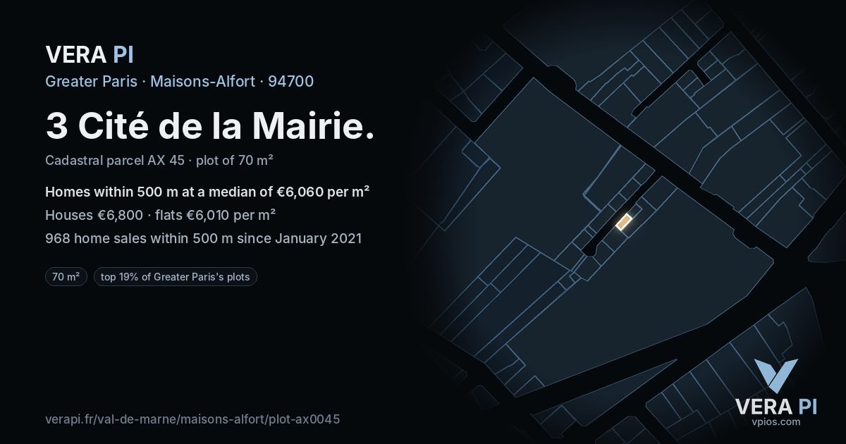 3 Cité de la Mairie, Maisons-Alfort at night – the plot lit, the parcels around coloured by the prices near them