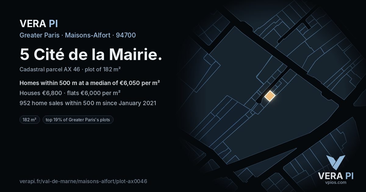 5 Cité de la Mairie, Maisons-Alfort at night – the plot lit, the parcels around coloured by the prices near them